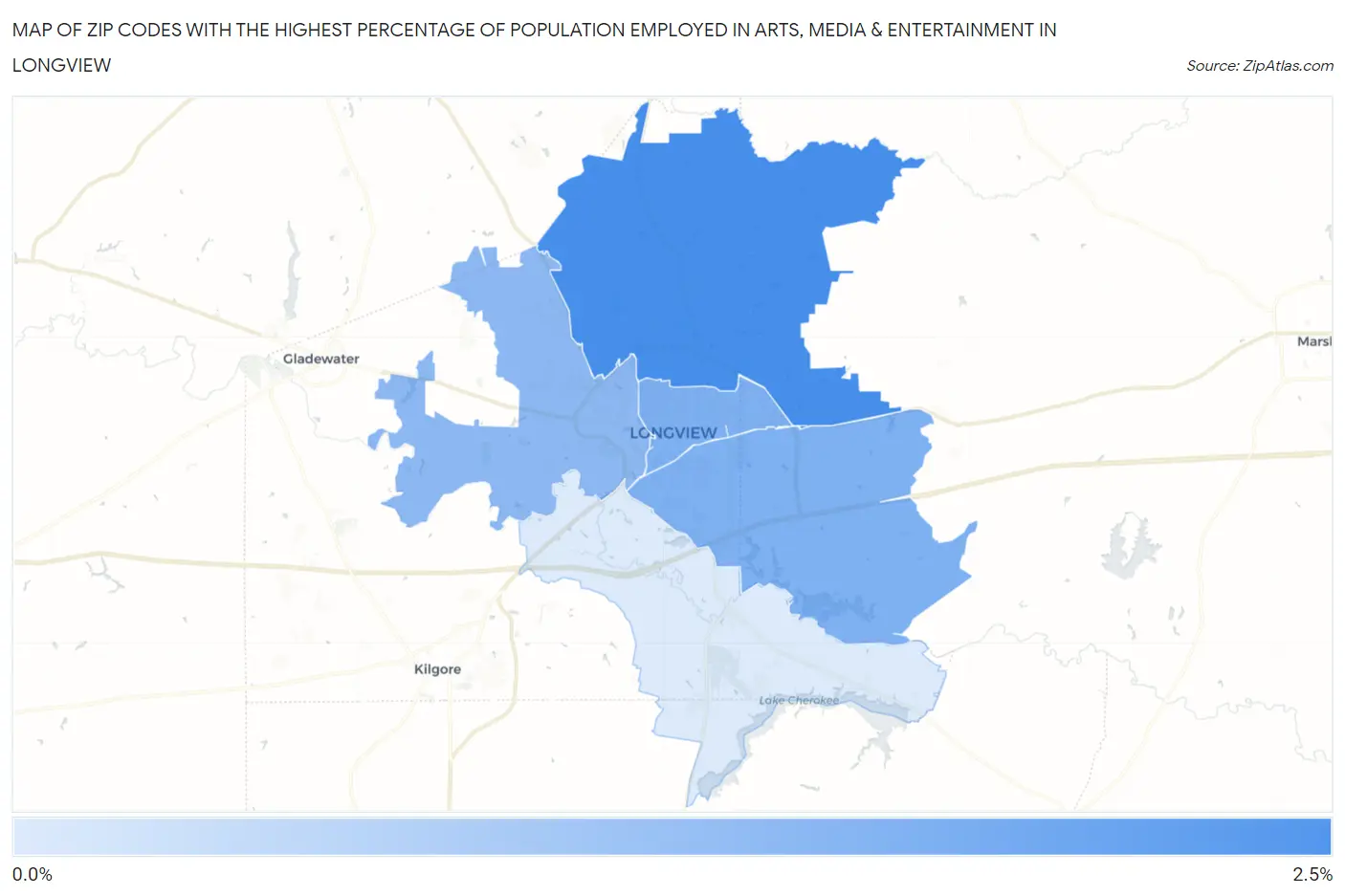 Zip Codes with the Highest Percentage of Population Employed in Arts, Media & Entertainment in Longview Map