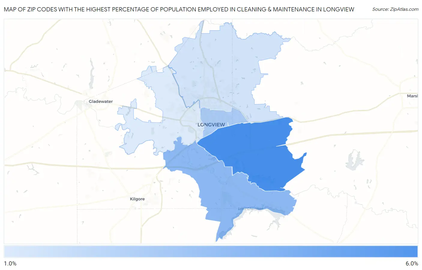 Zip Codes with the Highest Percentage of Population Employed in Cleaning & Maintenance in Longview Map