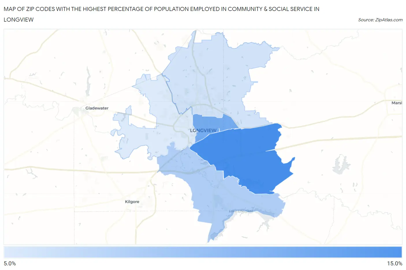 Zip Codes with the Highest Percentage of Population Employed in Community & Social Service  in Longview Map
