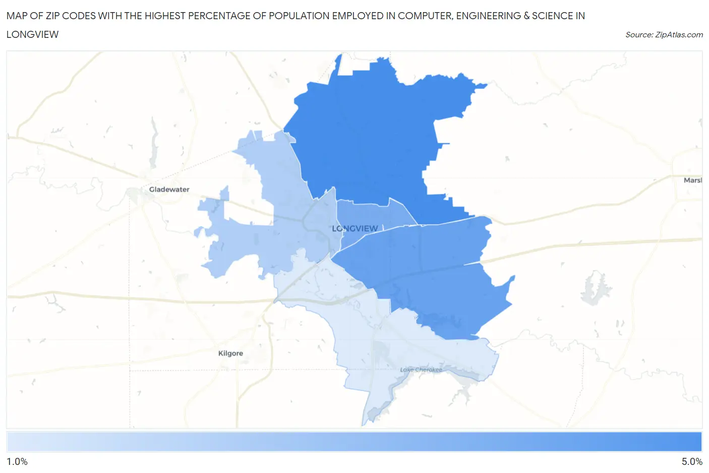Zip Codes with the Highest Percentage of Population Employed in Computer, Engineering & Science in Longview Map