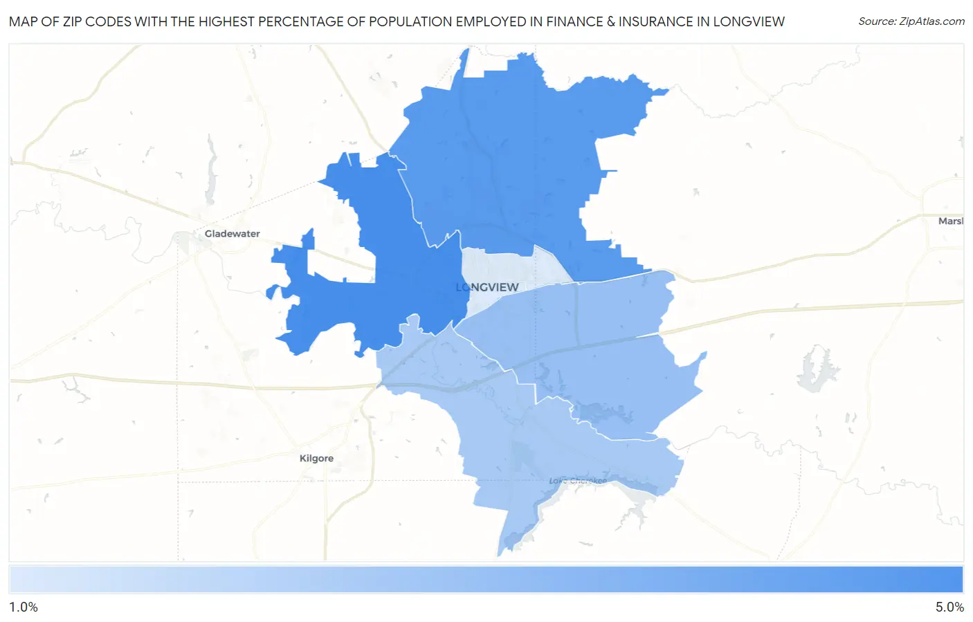 Zip Codes with the Highest Percentage of Population Employed in Finance & Insurance in Longview Map