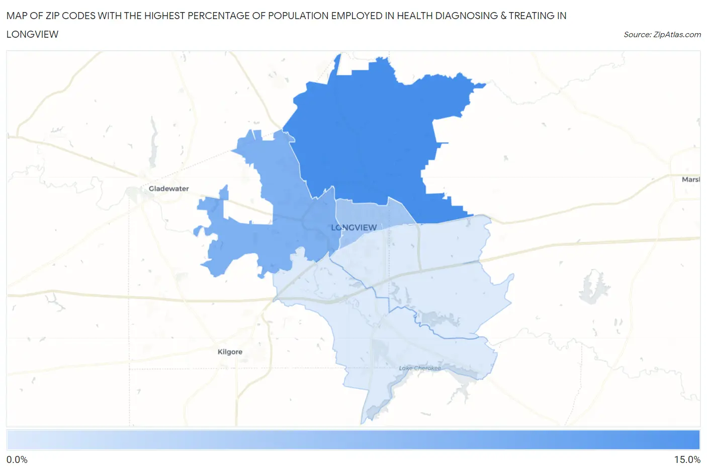Zip Codes with the Highest Percentage of Population Employed in Health Diagnosing & Treating in Longview Map