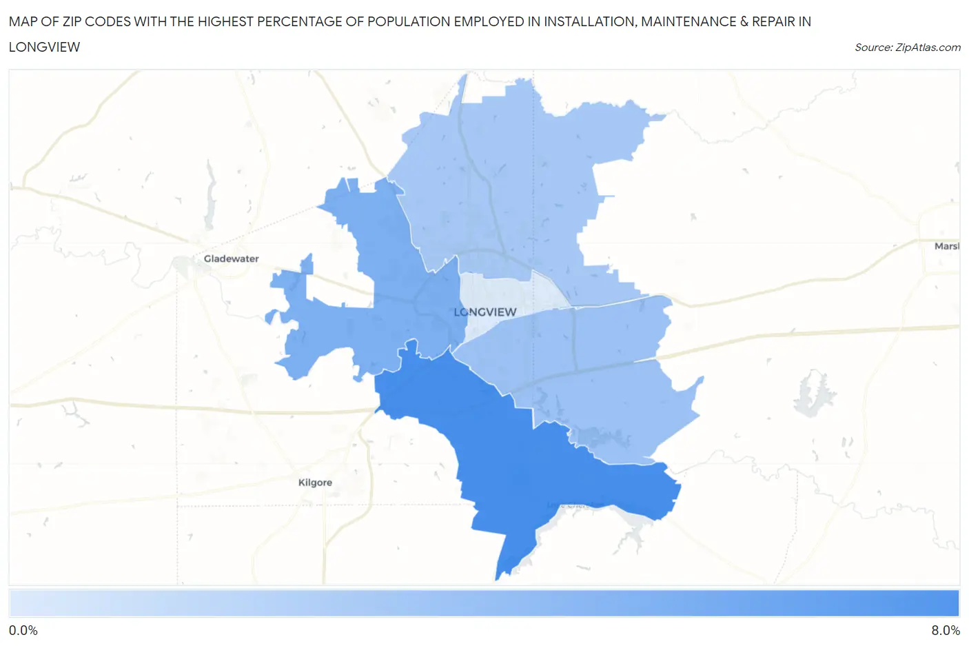Zip Codes with the Highest Percentage of Population Employed in Installation, Maintenance & Repair in Longview Map