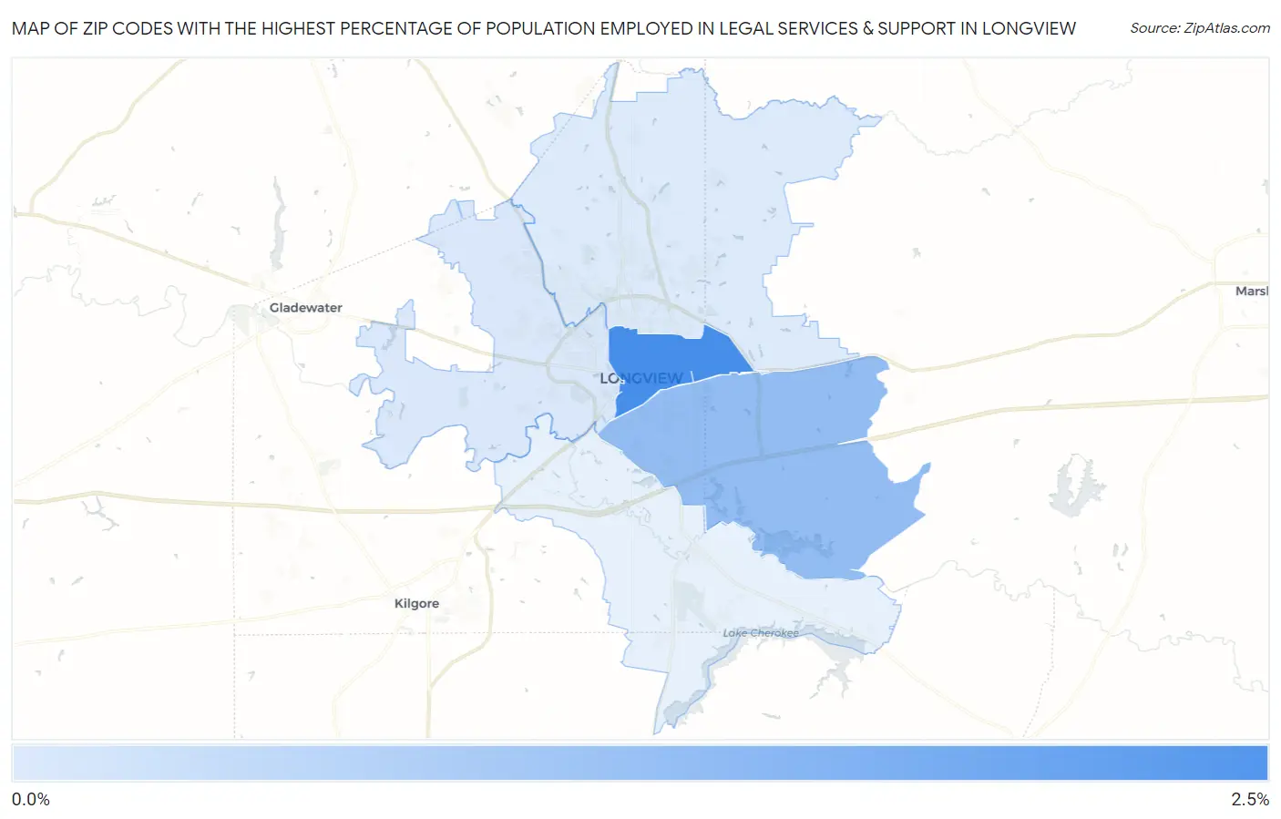Zip Codes with the Highest Percentage of Population Employed in Legal Services & Support in Longview Map