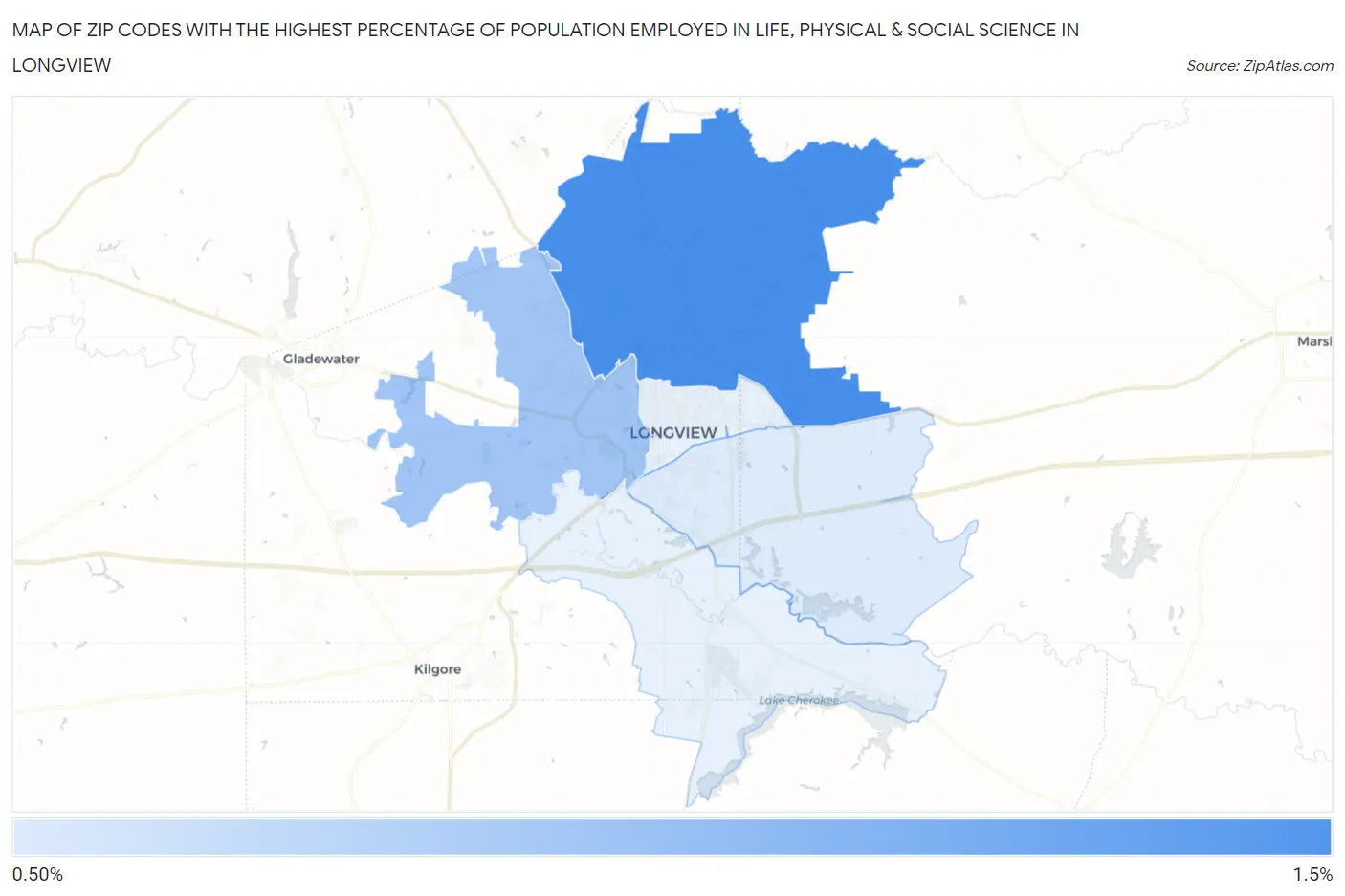 Zip Codes with the Highest Percentage of Population Employed in Life, Physical & Social Science in Longview Map