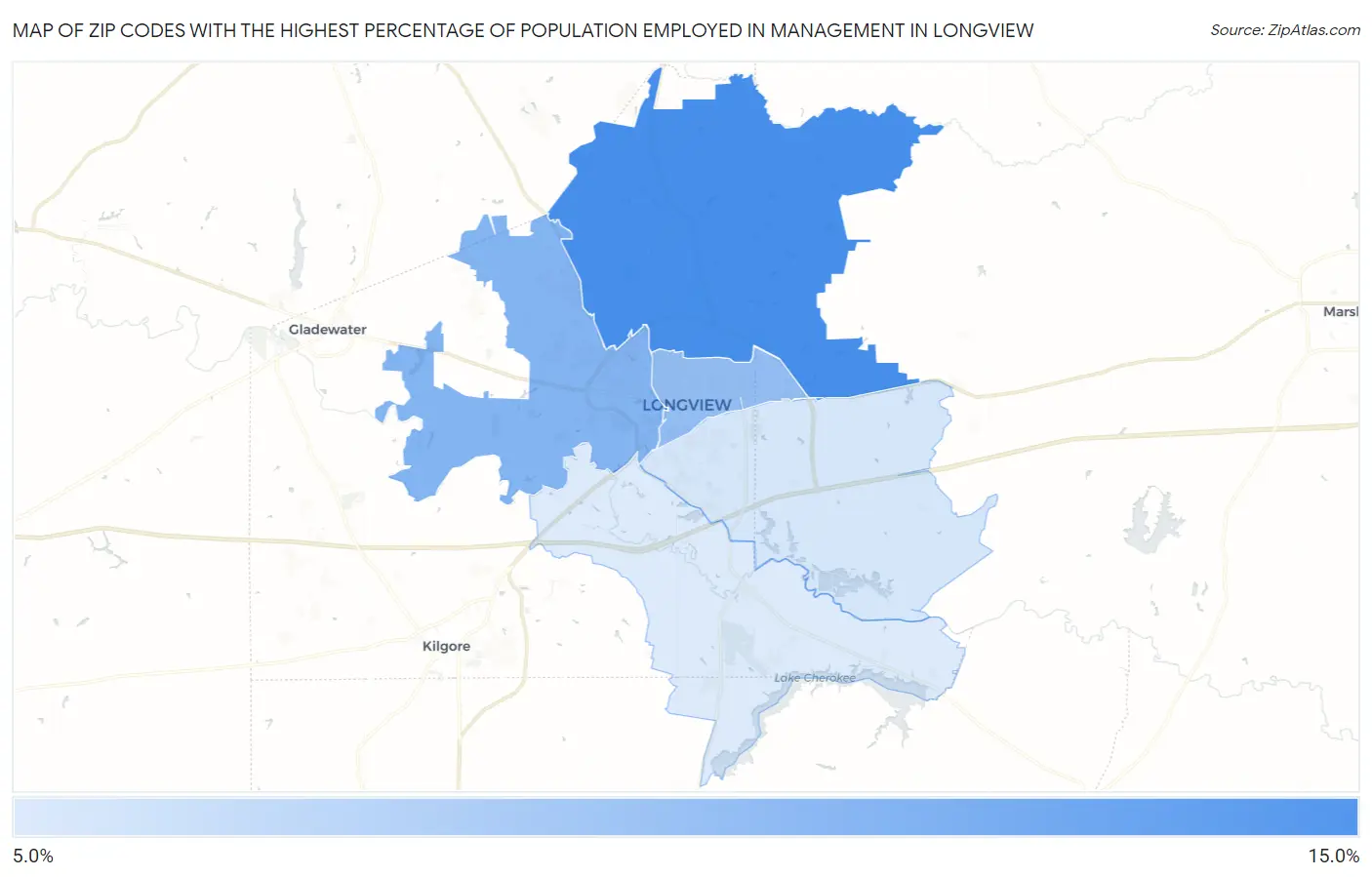 Zip Codes with the Highest Percentage of Population Employed in Management in Longview Map