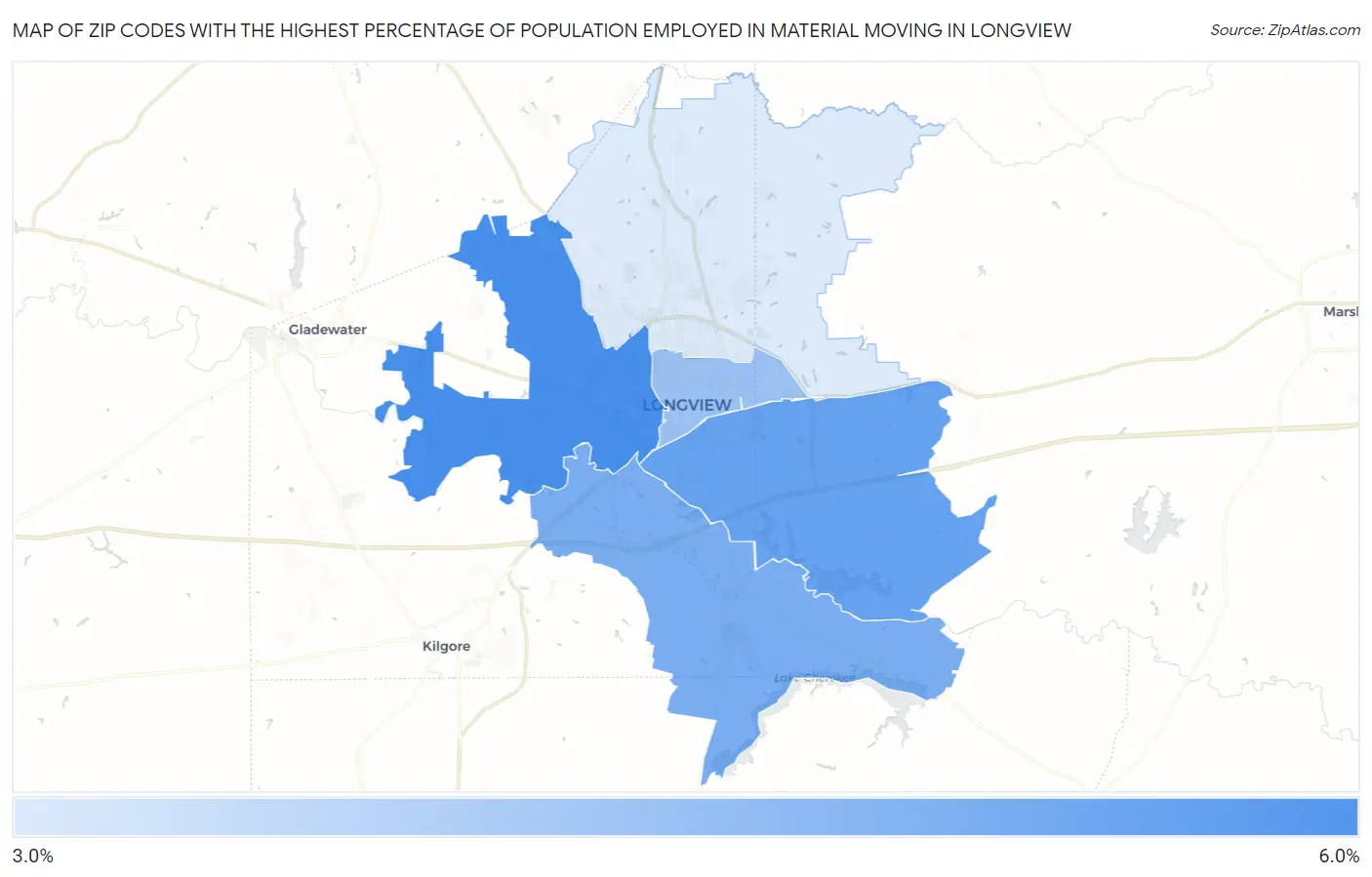 Zip Codes with the Highest Percentage of Population Employed in Material Moving in Longview Map