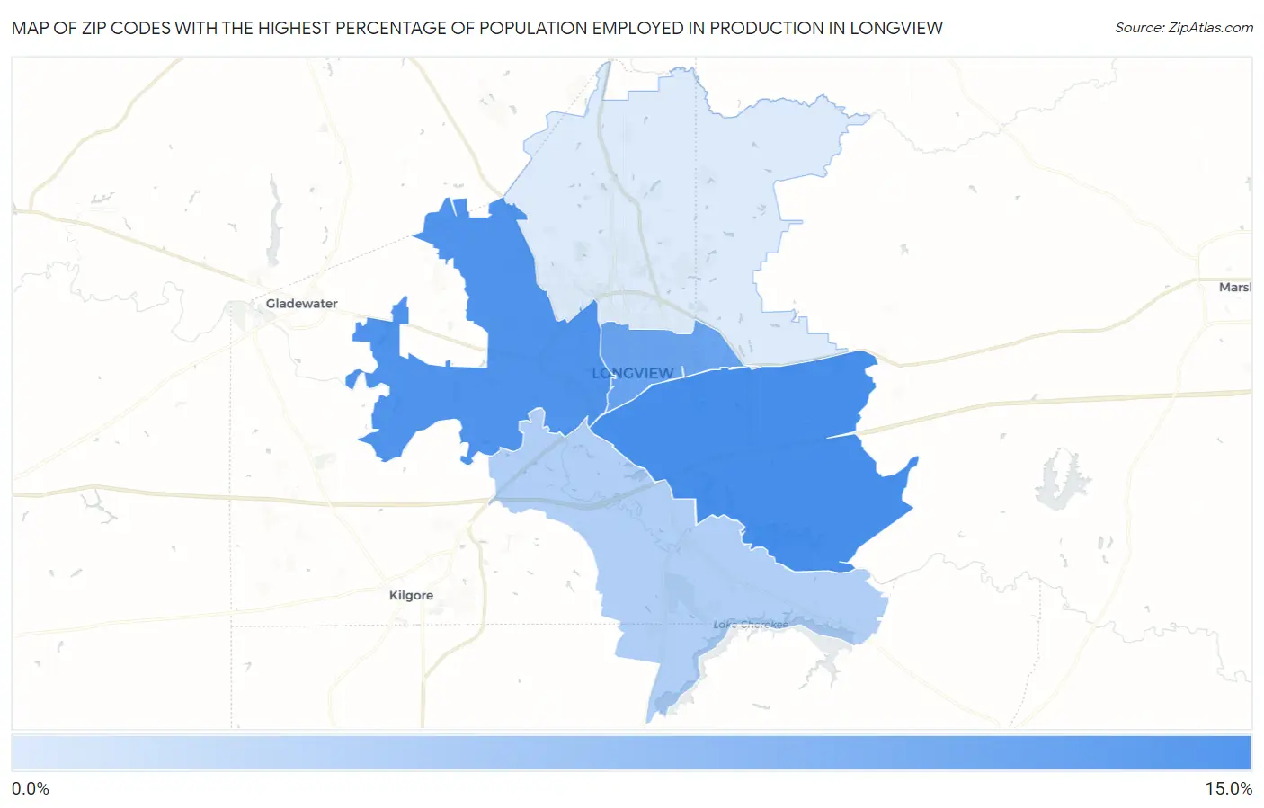 Zip Codes with the Highest Percentage of Population Employed in Production in Longview Map
