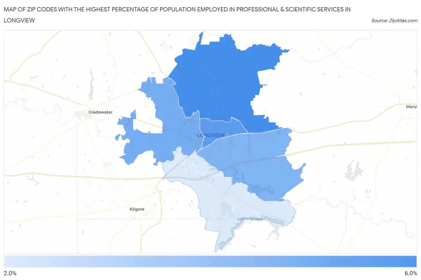 Zip Codes with the Highest Percentage of Population Employed in Professional & Scientific Services in Longview Map