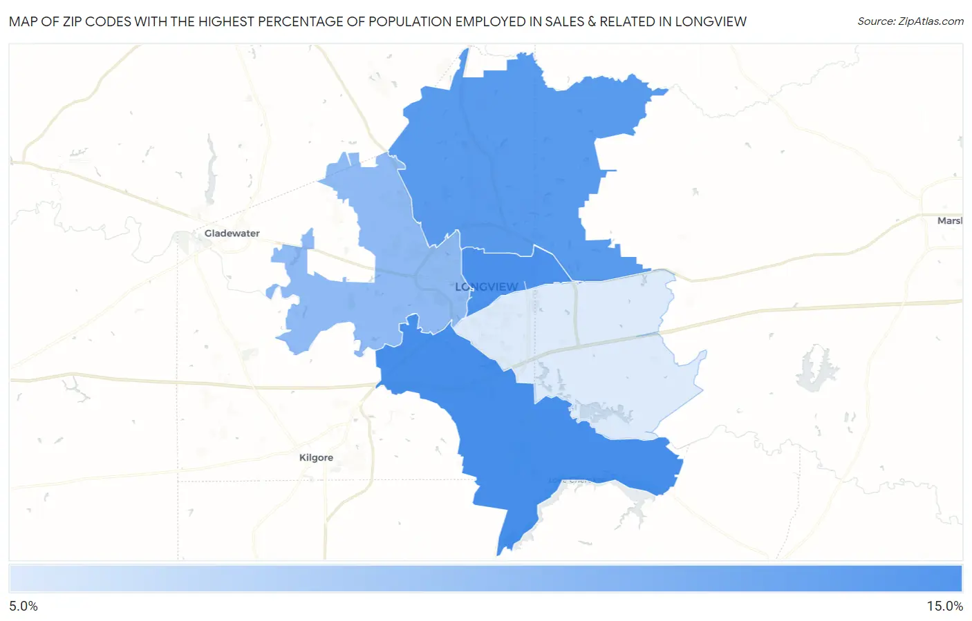Zip Codes with the Highest Percentage of Population Employed in Sales & Related in Longview Map