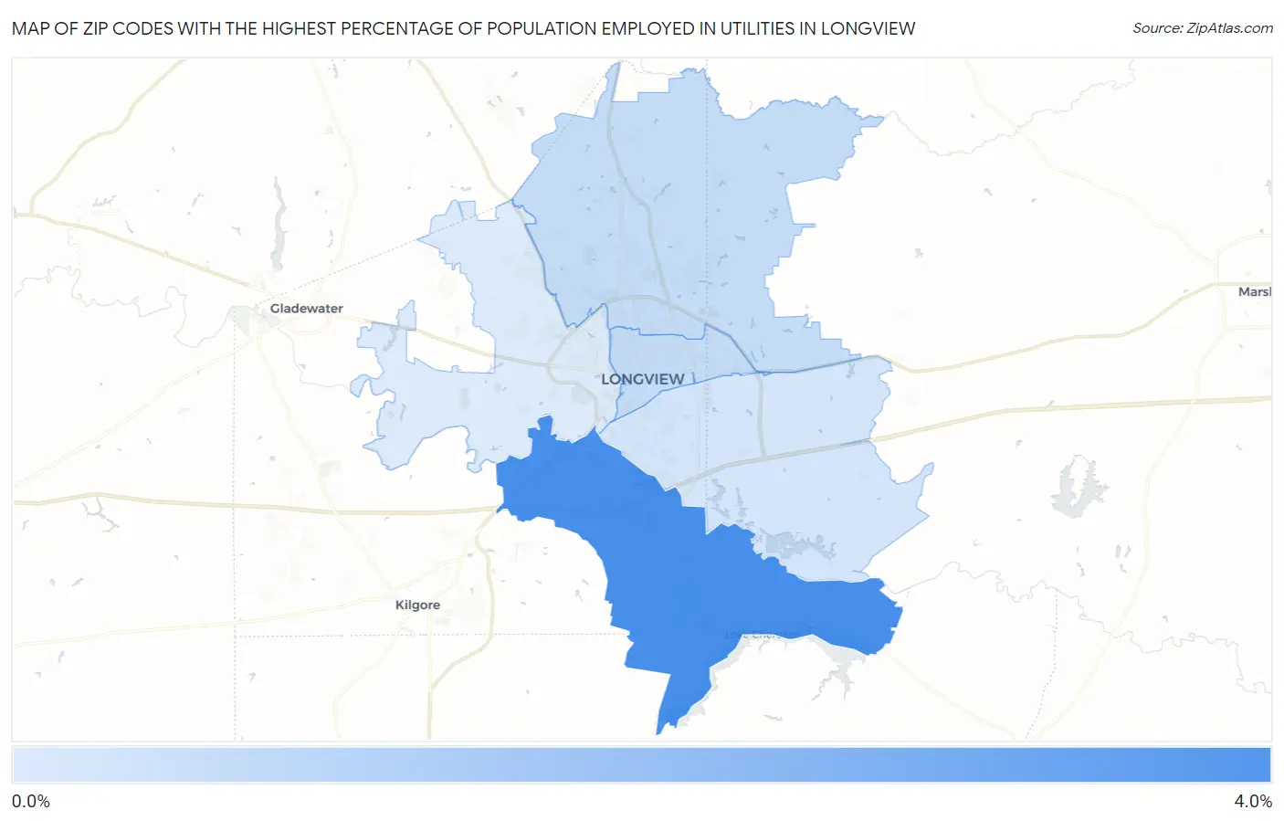 Zip Codes with the Highest Percentage of Population Employed in Utilities in Longview Map