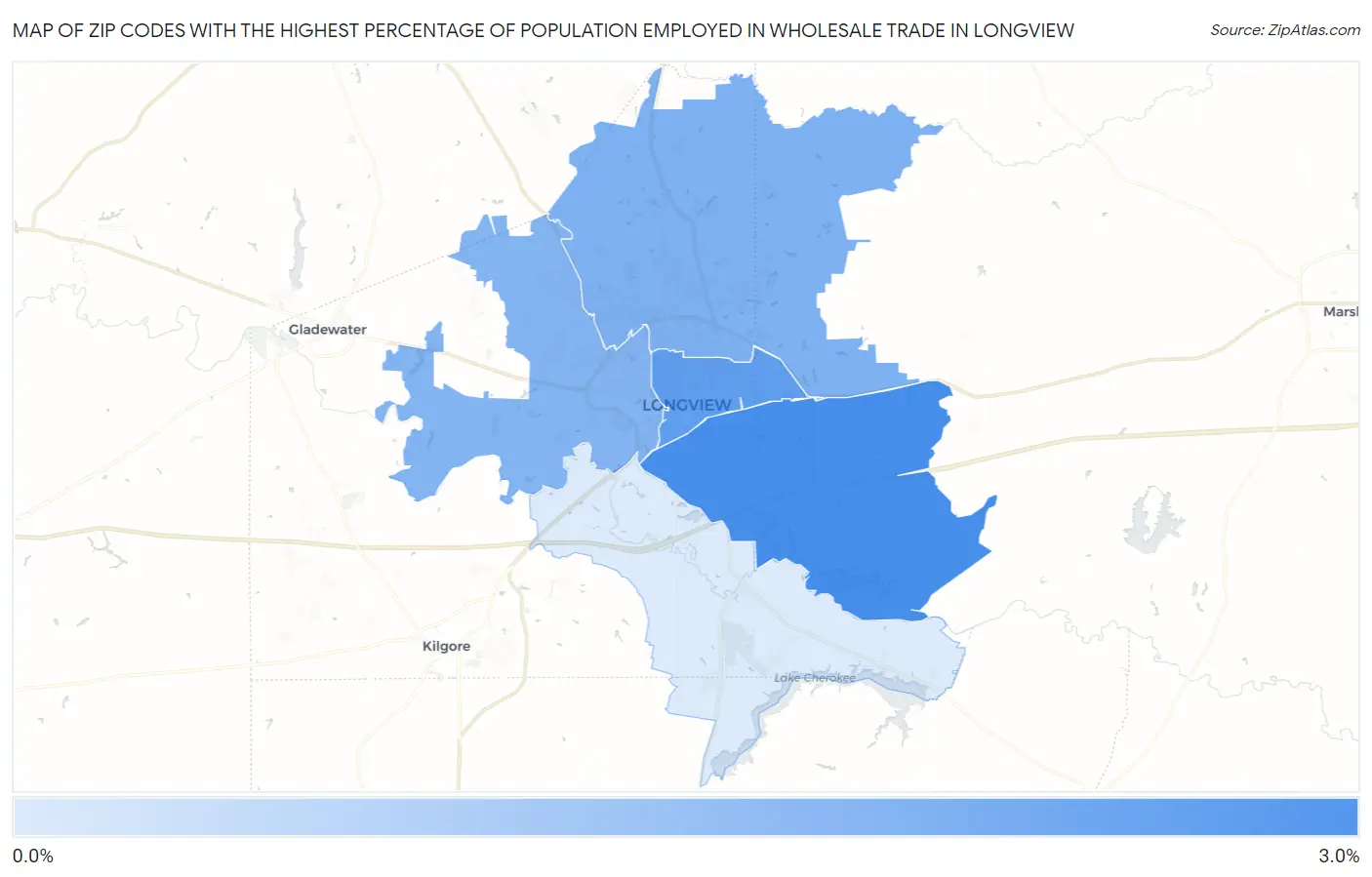 Zip Codes with the Highest Percentage of Population Employed in Wholesale Trade in Longview Map