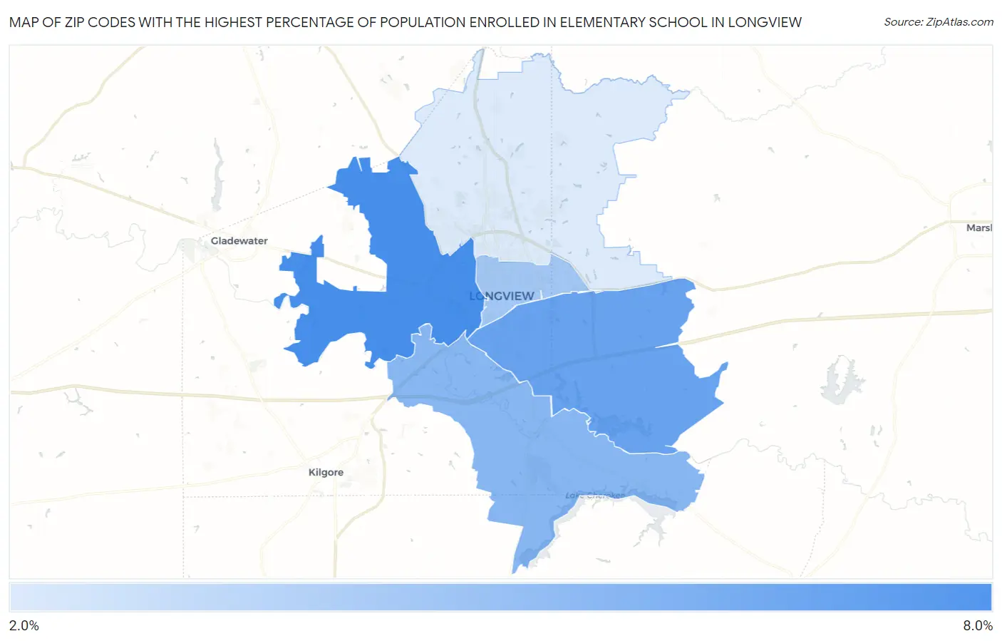 Zip Codes with the Highest Percentage of Population Enrolled in Elementary School in Longview Map