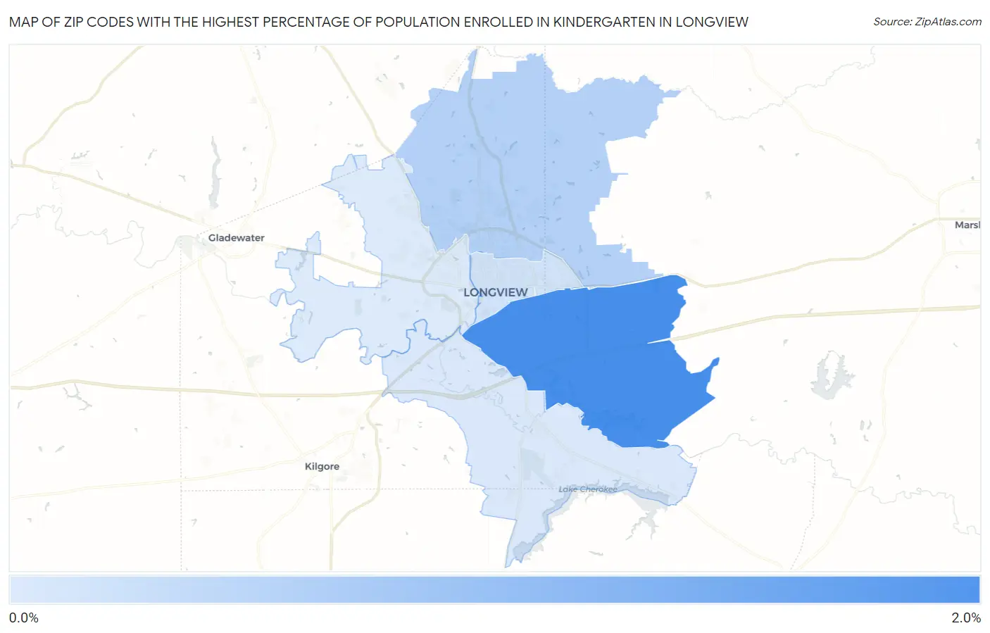 Zip Codes with the Highest Percentage of Population Enrolled in Kindergarten in Longview Map