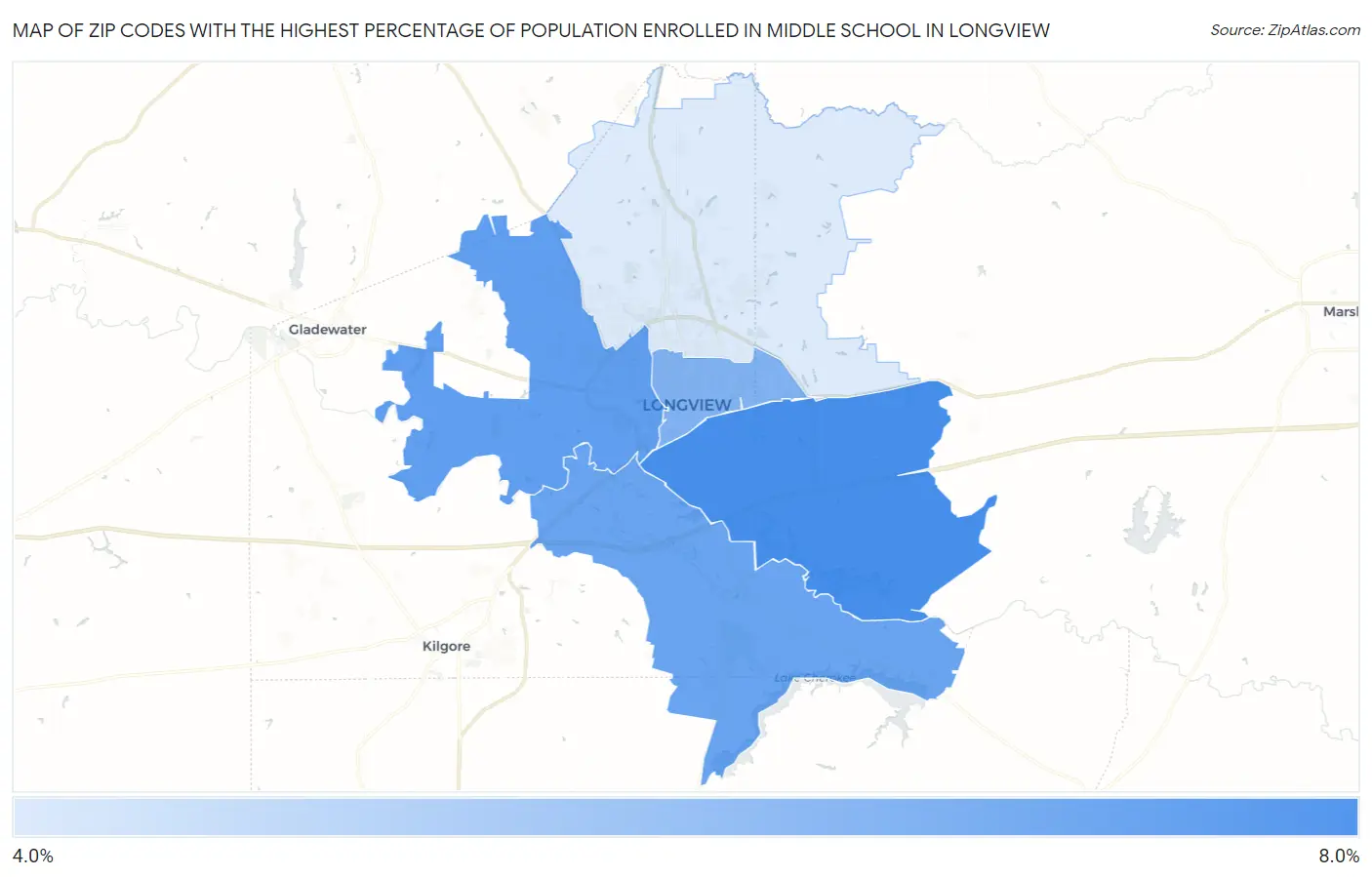 Zip Codes with the Highest Percentage of Population Enrolled in Middle School in Longview Map