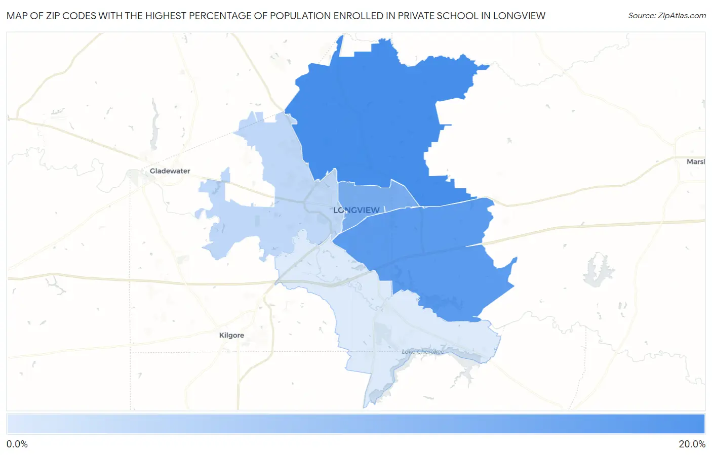 Zip Codes with the Highest Percentage of Population Enrolled in Private School in Longview Map