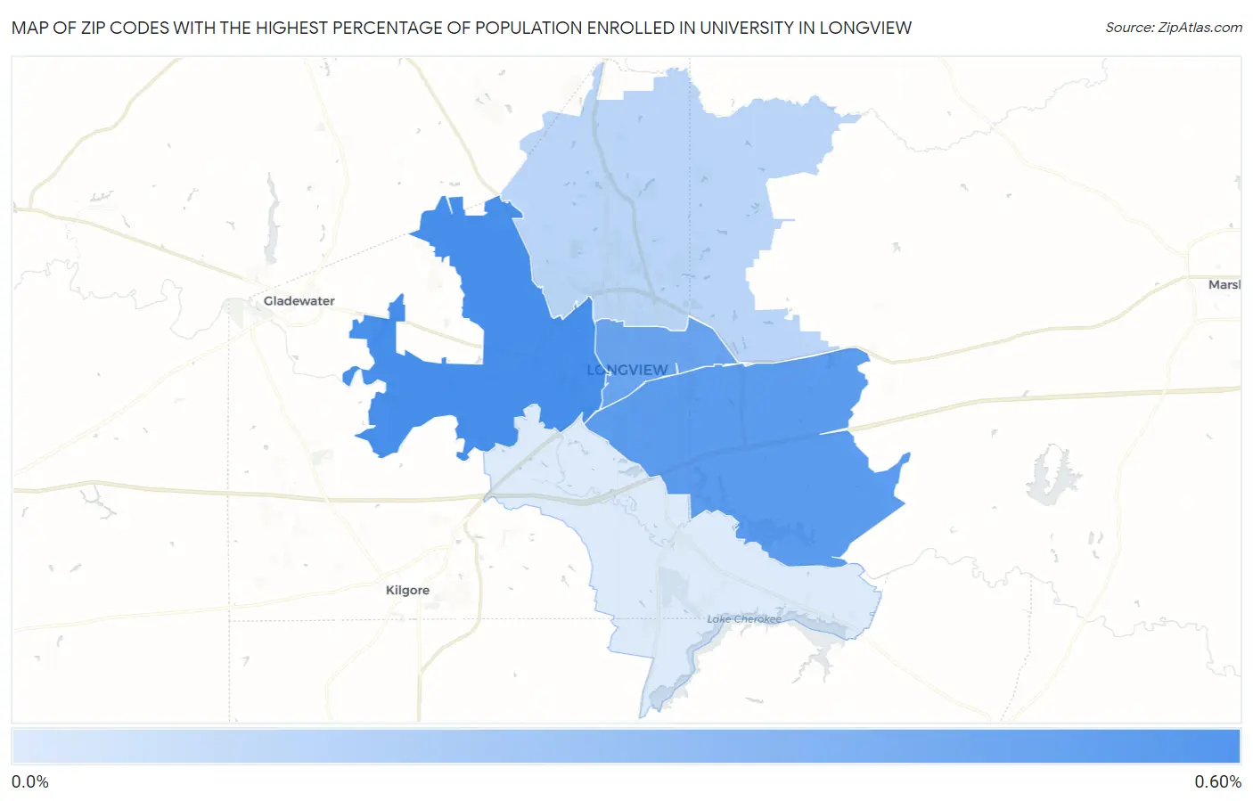 Zip Codes with the Highest Percentage of Population Enrolled in University in Longview Map