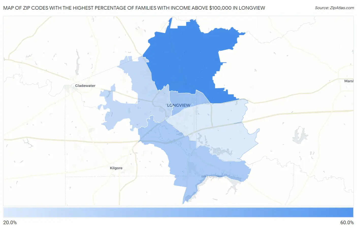 Zip Codes with the Highest Percentage of Families with Income Above $100,000 in Longview Map