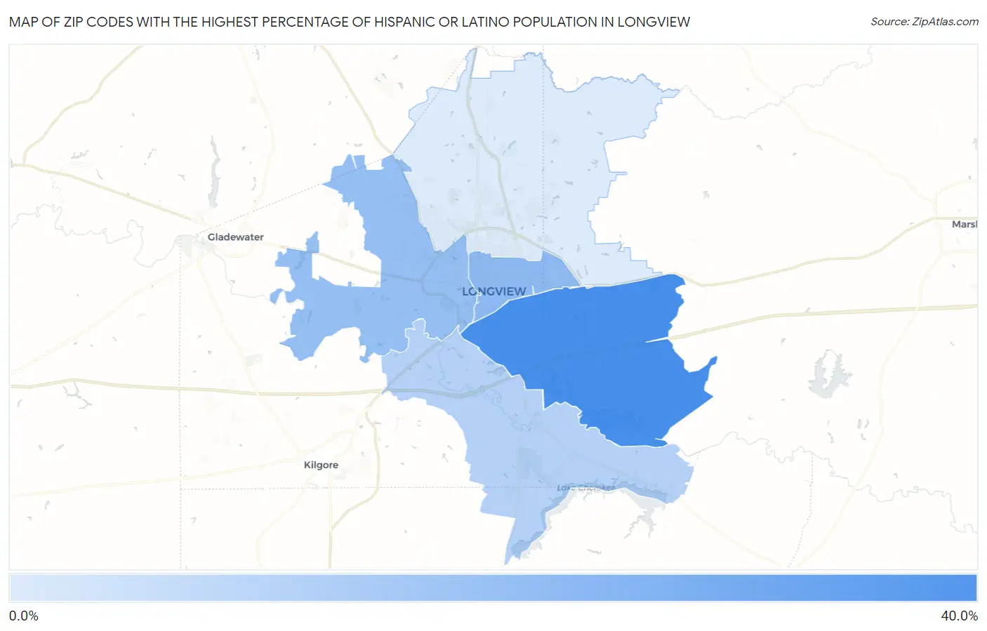 Zip Codes with the Highest Percentage of Hispanic or Latino Population in Longview Map