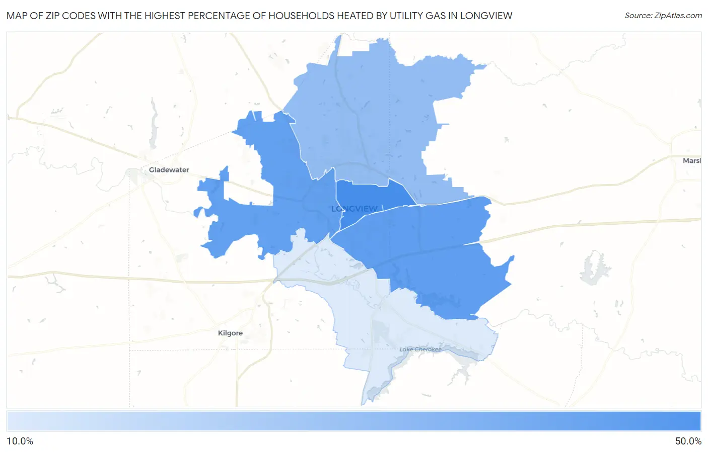 Zip Codes with the Highest Percentage of Households Heated by Utility Gas in Longview Map