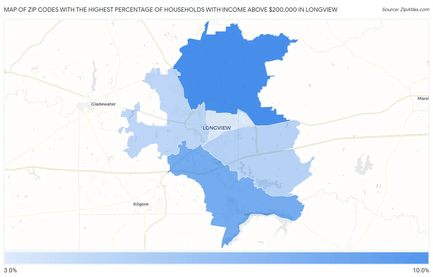 Zip Codes with the Highest Percentage of Households with Income Above $200,000 in Longview Map