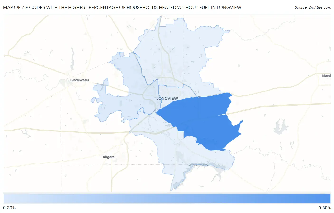 Zip Codes with the Highest Percentage of Households Heated without Fuel in Longview Map