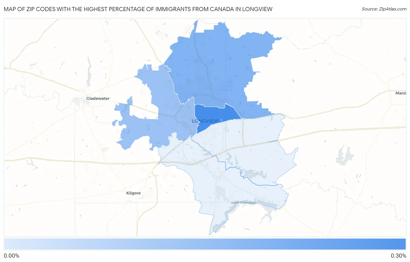 Zip Codes with the Highest Percentage of Immigrants from Canada in Longview Map