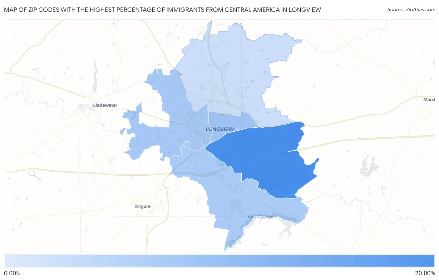 Zip Codes with the Highest Percentage of Immigrants from Central America in Longview Map