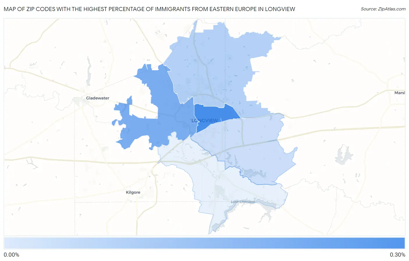 Zip Codes with the Highest Percentage of Immigrants from Eastern Europe in Longview Map