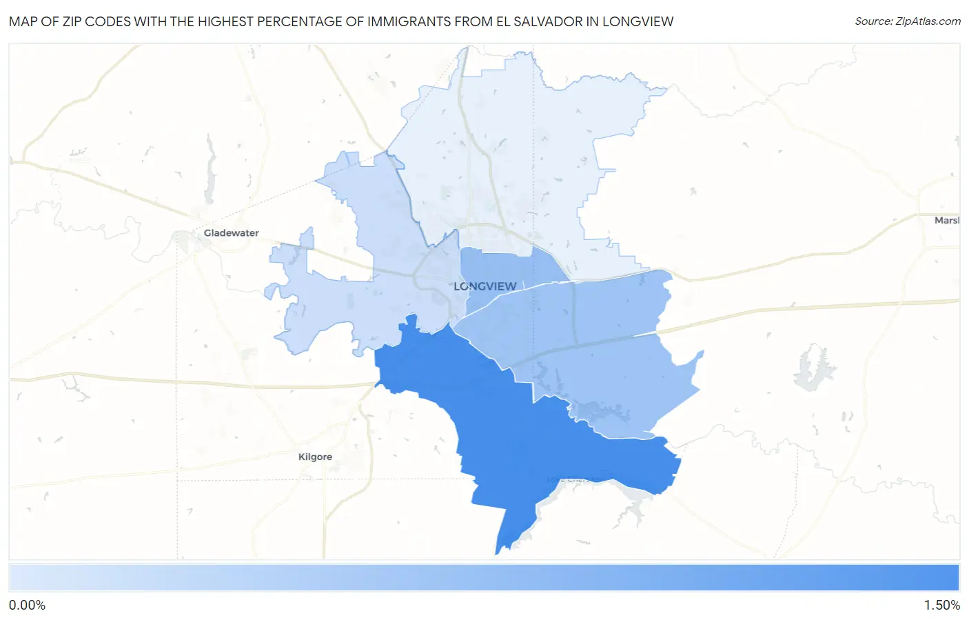 Zip Codes with the Highest Percentage of Immigrants from El Salvador in Longview Map