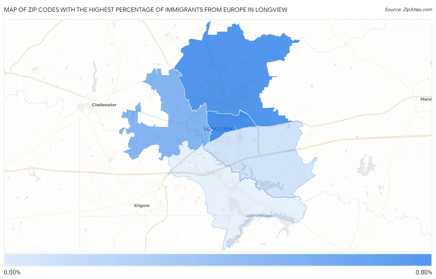 Zip Codes with the Highest Percentage of Immigrants from Europe in Longview Map