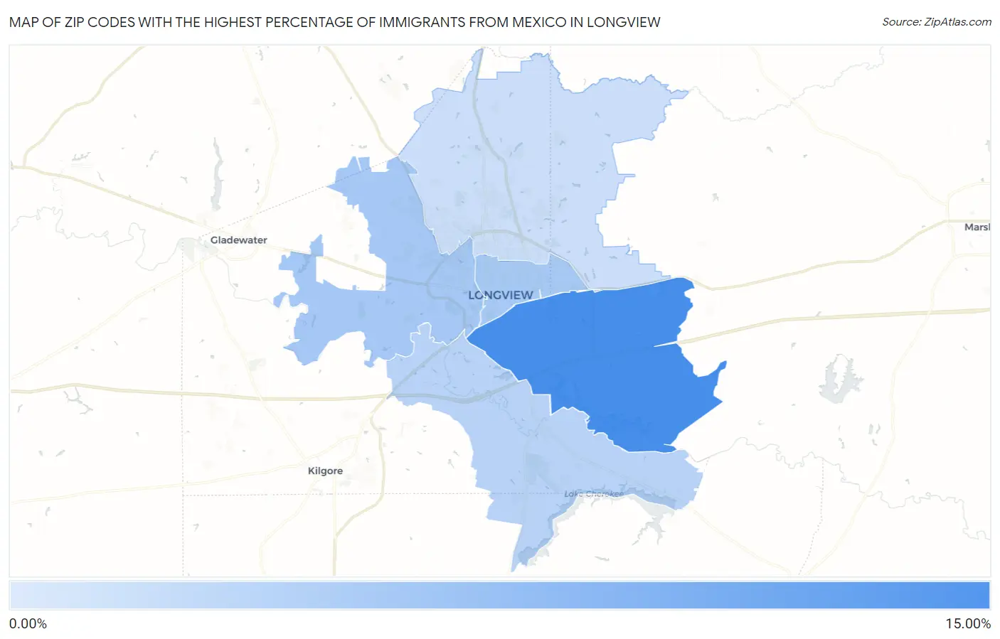 Zip Codes with the Highest Percentage of Immigrants from Mexico in Longview Map