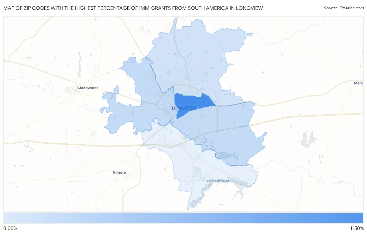 Zip Codes with the Highest Percentage of Immigrants from South America in Longview Map