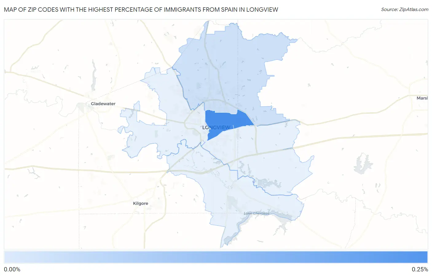 Zip Codes with the Highest Percentage of Immigrants from Spain in Longview Map