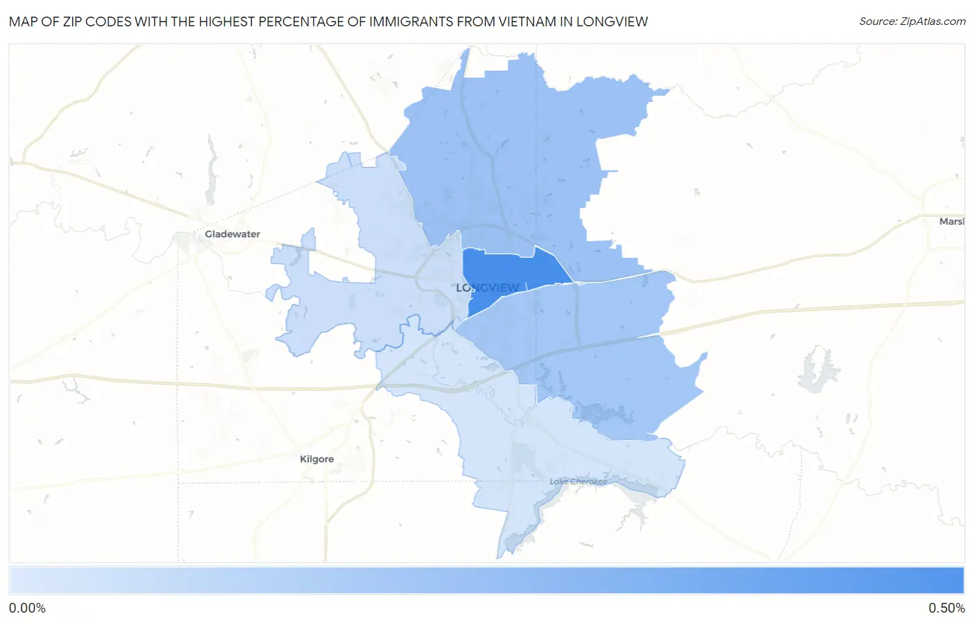 Zip Codes with the Highest Percentage of Immigrants from Vietnam in Longview Map