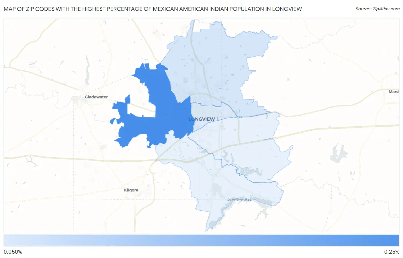 Zip Codes with the Highest Percentage of Mexican American Indian Population in Longview Map