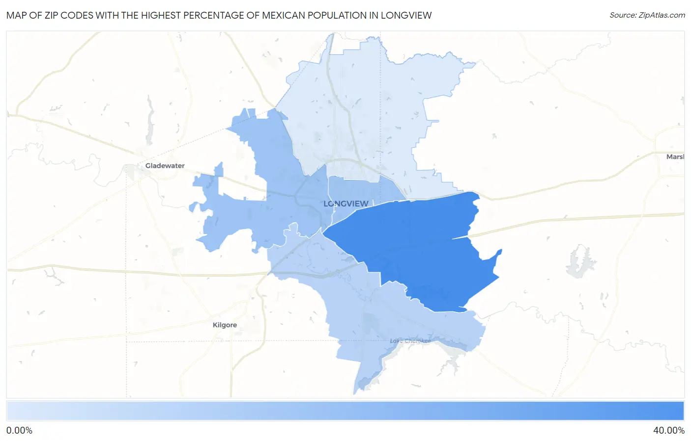 Zip Codes with the Highest Percentage of Mexican Population in Longview Map