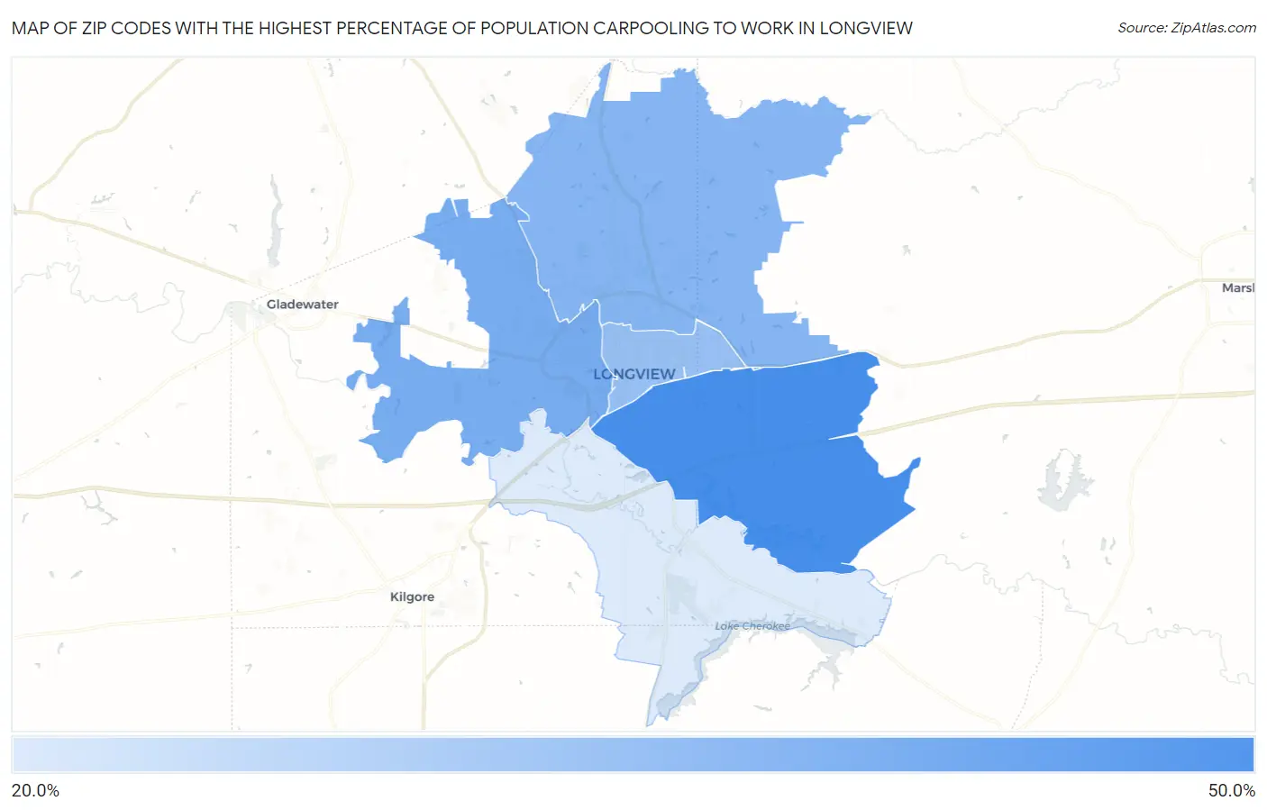 Zip Codes with the Highest Percentage of Population Carpooling to Work in Longview Map