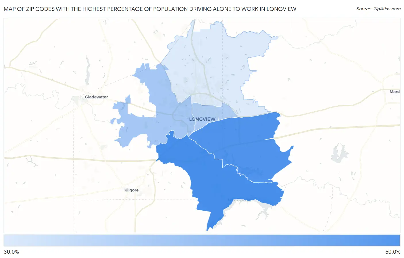 Zip Codes with the Highest Percentage of Population Driving Alone to Work in Longview Map
