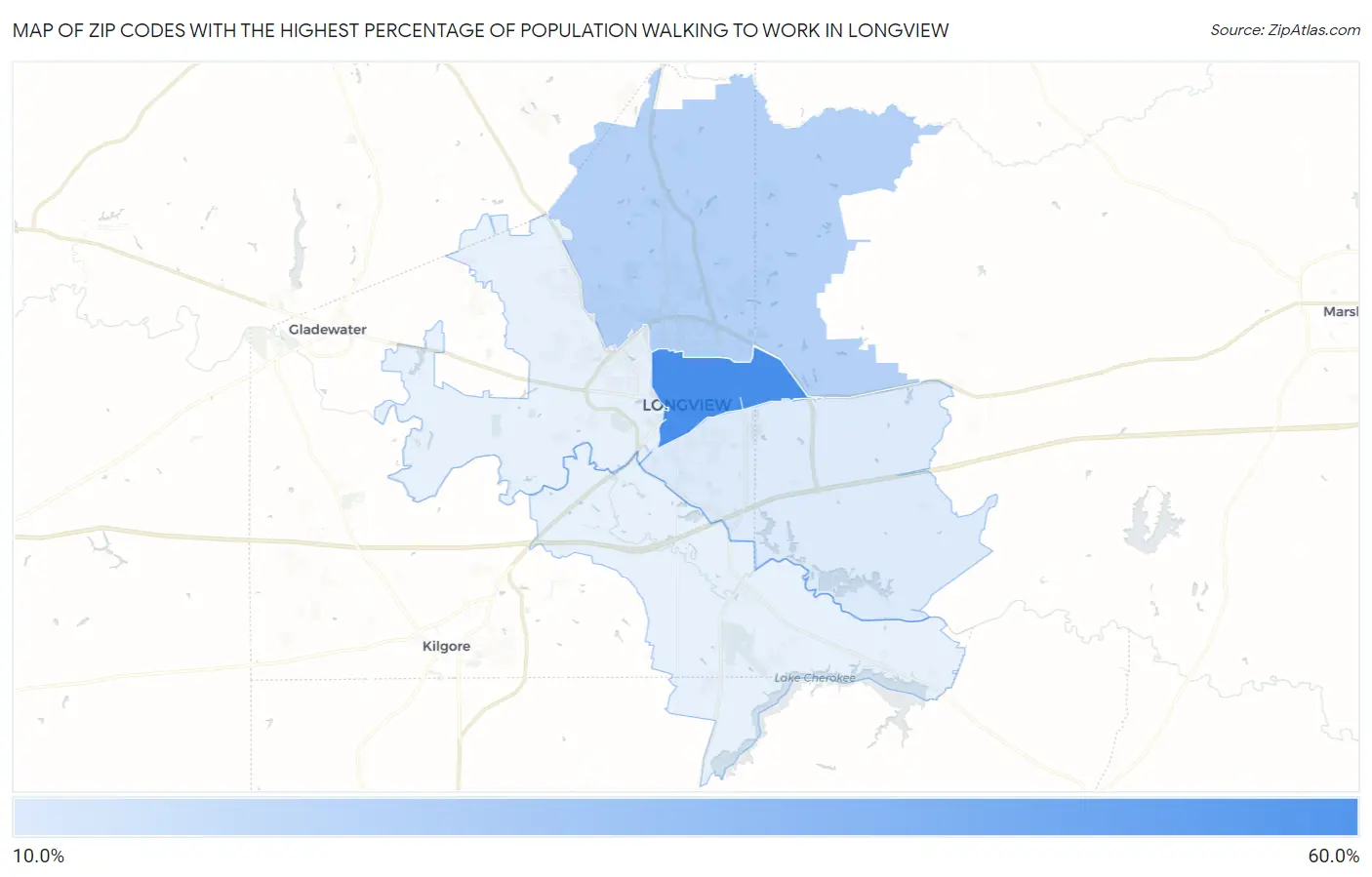 Zip Codes with the Highest Percentage of Population Walking to Work in Longview Map