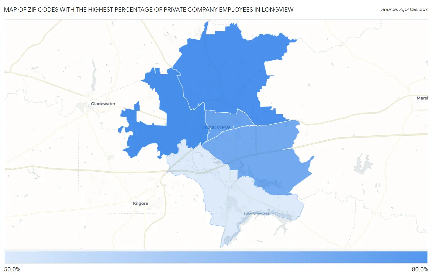 Zip Codes with the Highest Percentage of Private Company Employees in Longview Map