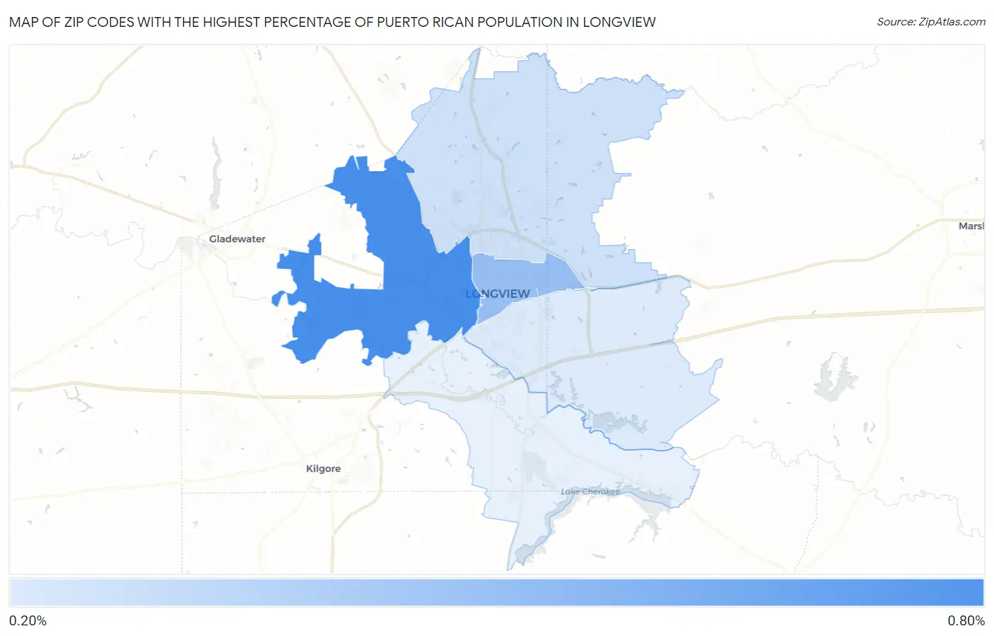 Zip Codes with the Highest Percentage of Puerto Rican Population in Longview Map