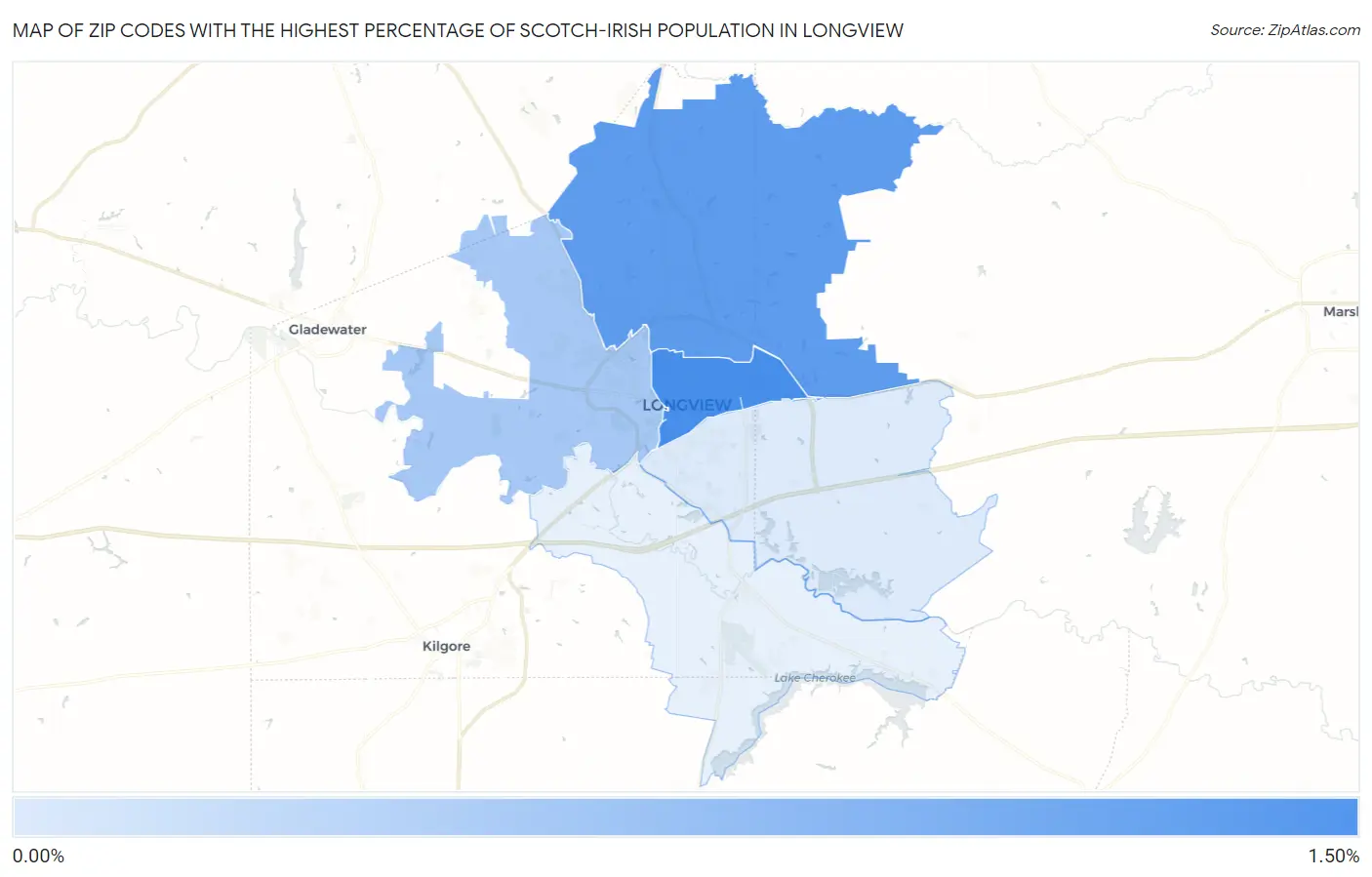 Zip Codes with the Highest Percentage of Scotch-Irish Population in Longview Map