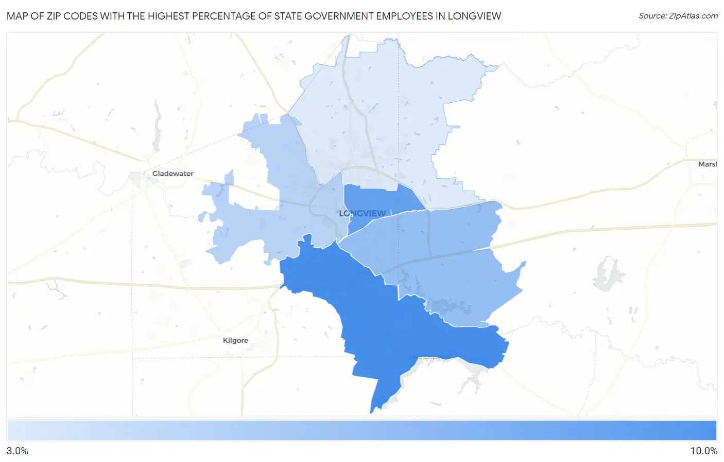 Zip Codes with the Highest Percentage of State Government Employees in Longview Map