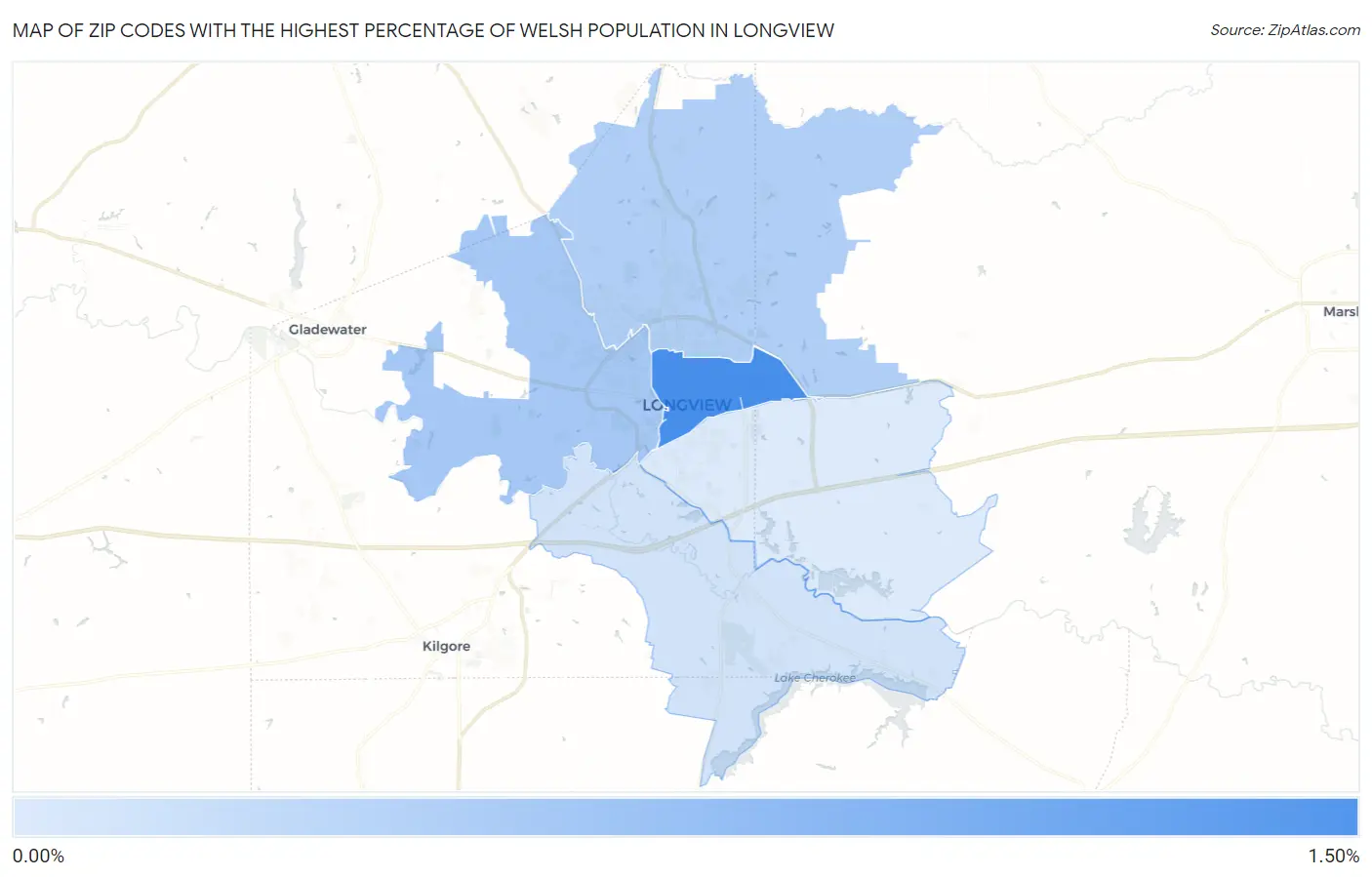 Zip Codes with the Highest Percentage of Welsh Population in Longview Map