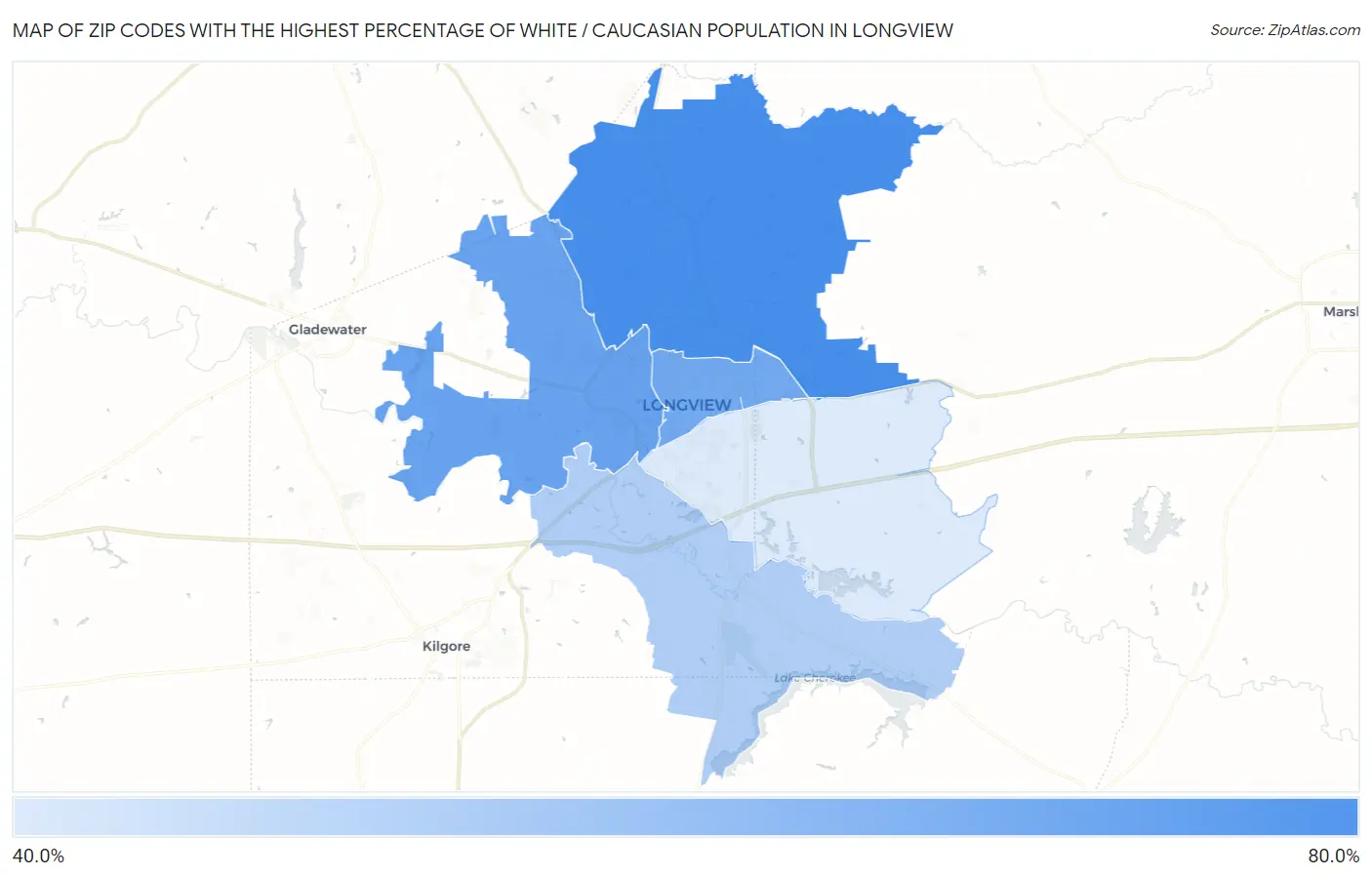 Zip Codes with the Highest Percentage of White / Caucasian Population in Longview Map