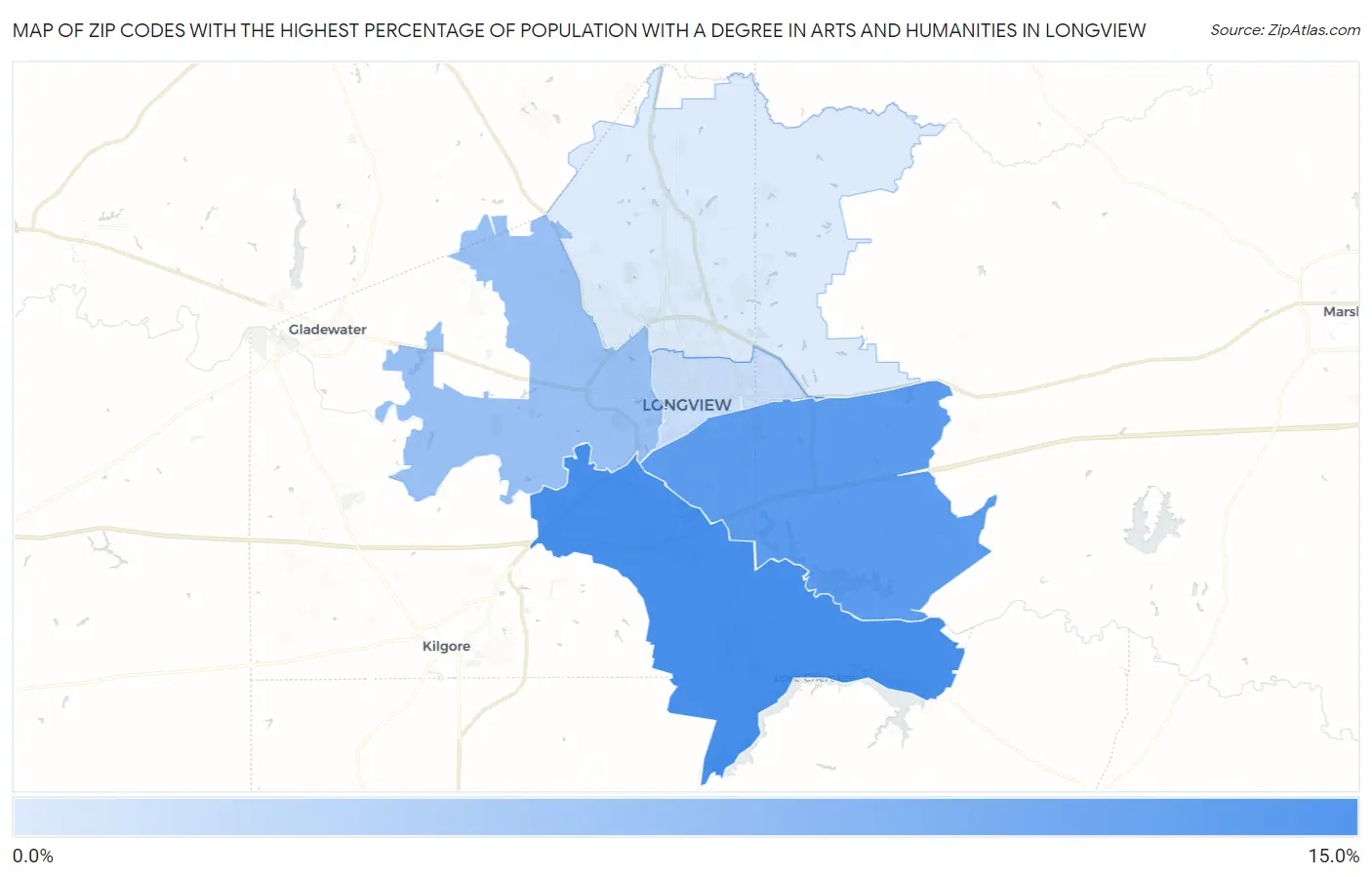 Zip Codes with the Highest Percentage of Population with a Degree in Arts and Humanities in Longview Map