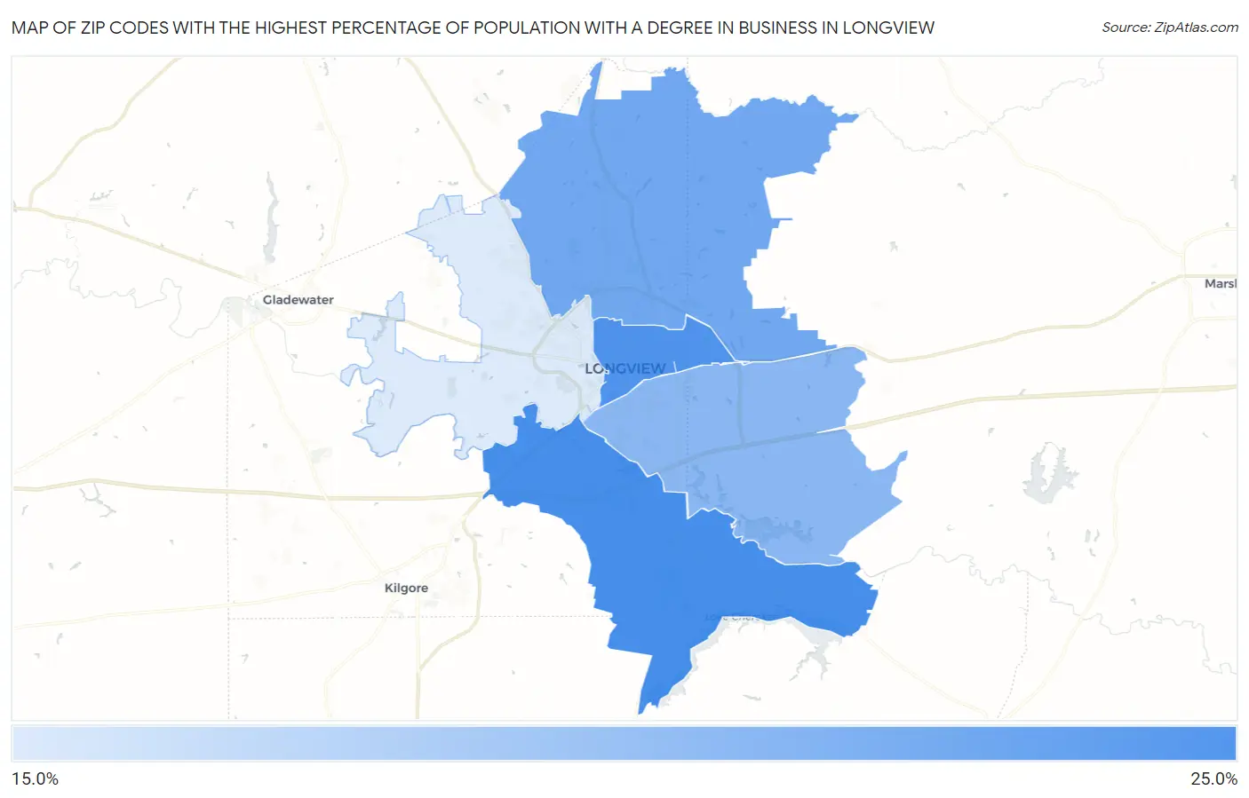 Zip Codes with the Highest Percentage of Population with a Degree in Business in Longview Map
