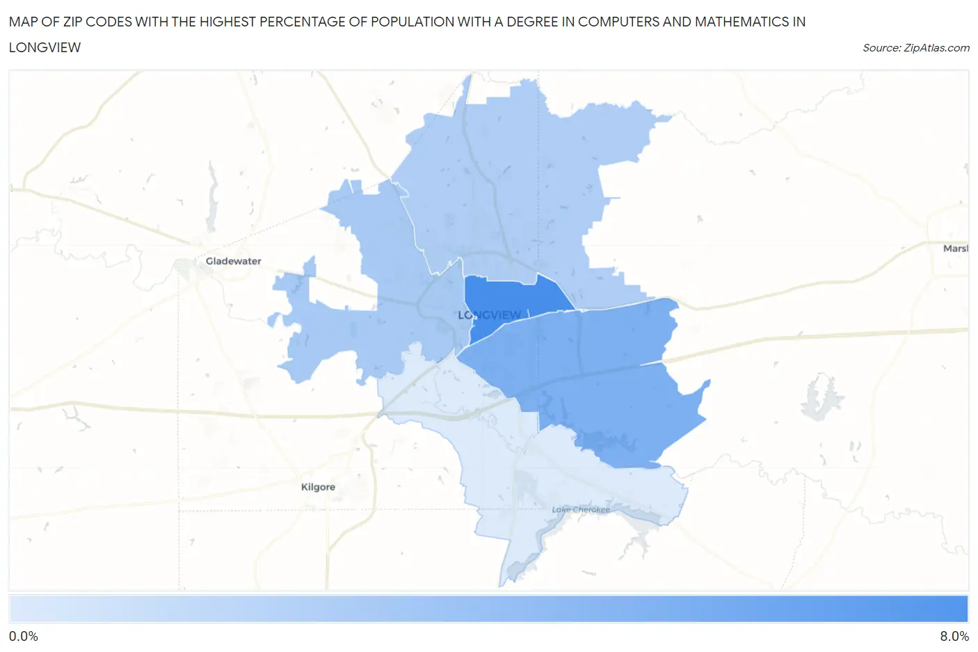 Zip Codes with the Highest Percentage of Population with a Degree in Computers and Mathematics in Longview Map