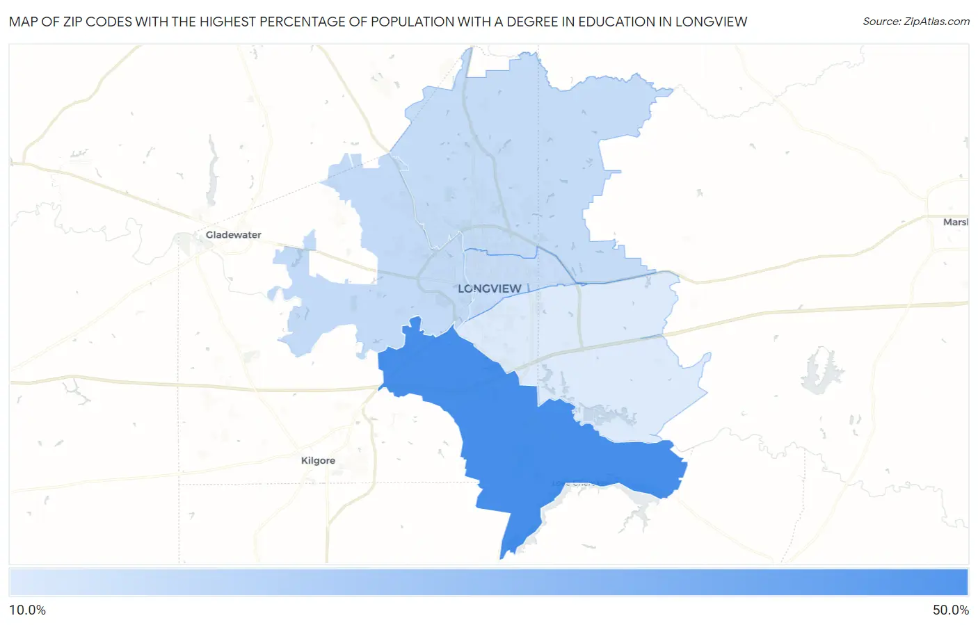 Zip Codes with the Highest Percentage of Population with a Degree in Education in Longview Map
